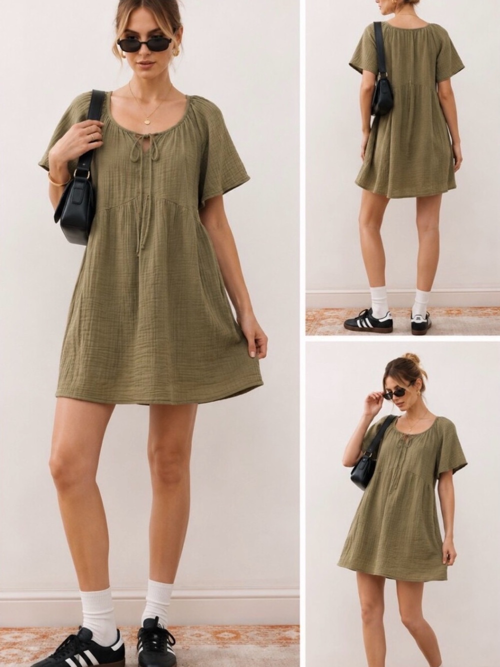 NWT Old Navy Crinkle Gauze Flutter-Sleeve Mini Swing Dress - Olive Green Size LP